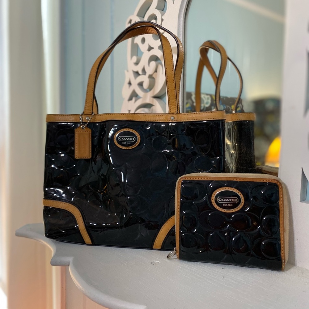 Coach Black and Tan patent leather purse with matching wallet.